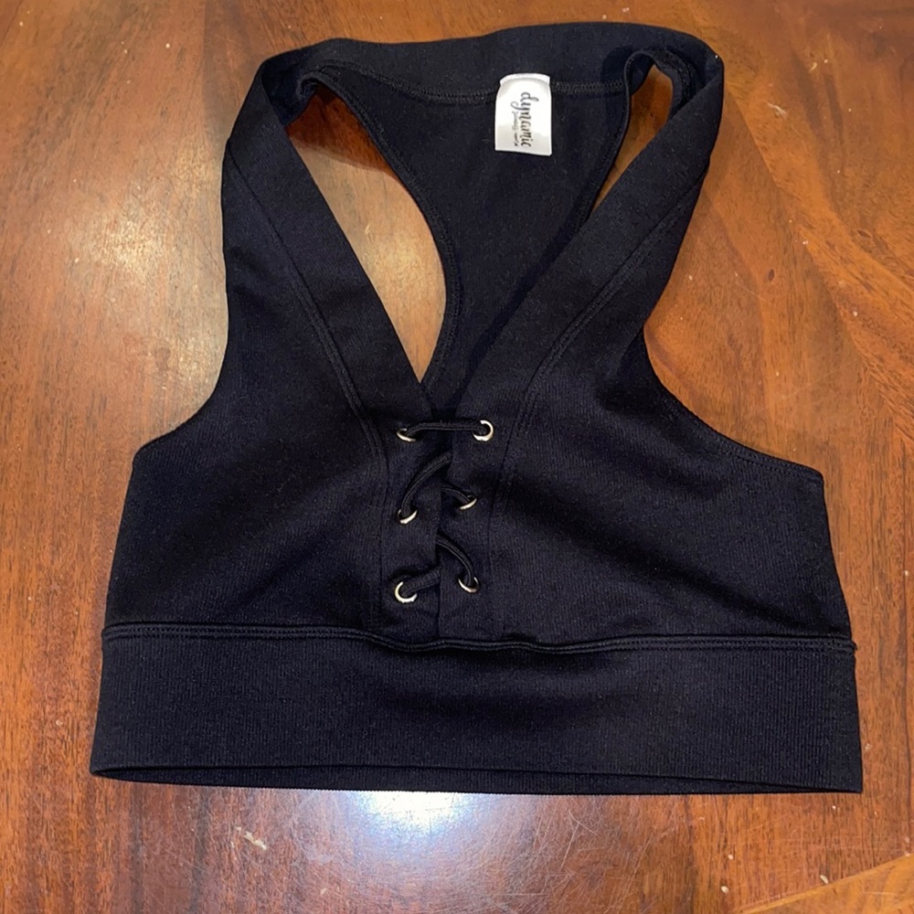 Dynamic small black lace up front cropped tank top